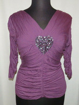 Marc Bouwer Women&#39;s Purple Sequined Heart Ruched Fitted Top Size XL - $29.99