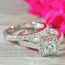 Engagement Wedding Ring Set 2.85Ct Princess Cut Diamond 14k White Gold in Size 9 - £217.98 GBP