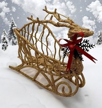 Gold Glitter Reindeer Sleigh Christmas Tree Ornament Ornate with Red Bow - $14.89