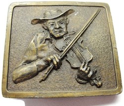 1976 Bergamont Brass Works Belt Buckle Darien Wisconsin USA Cowboy Violinist Vtg - £55.38 GBP