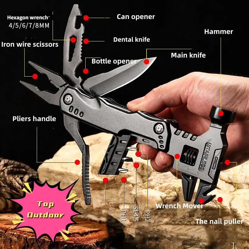 Outdoor Multitool Pliers Knife Adjustable Wrench Hammer Camping EDC Portable - £26.50 GBP