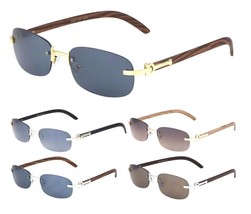 Slim Rimless Classic Oval Faux Wood Buffs Rectangular Aviator Sunglasses Fashion - £7.15 GBP
