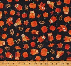Cotton Owls Pumpkins Fall Autumn Leaves Black Fabric Print by the Yard D513.77 - £10.34 GBP