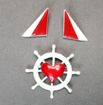 Vintage Nautical Enamel Heart Ship&#39;s Wheel Brooch Pin Matching Sailboat Earrings - £19.84 GBP