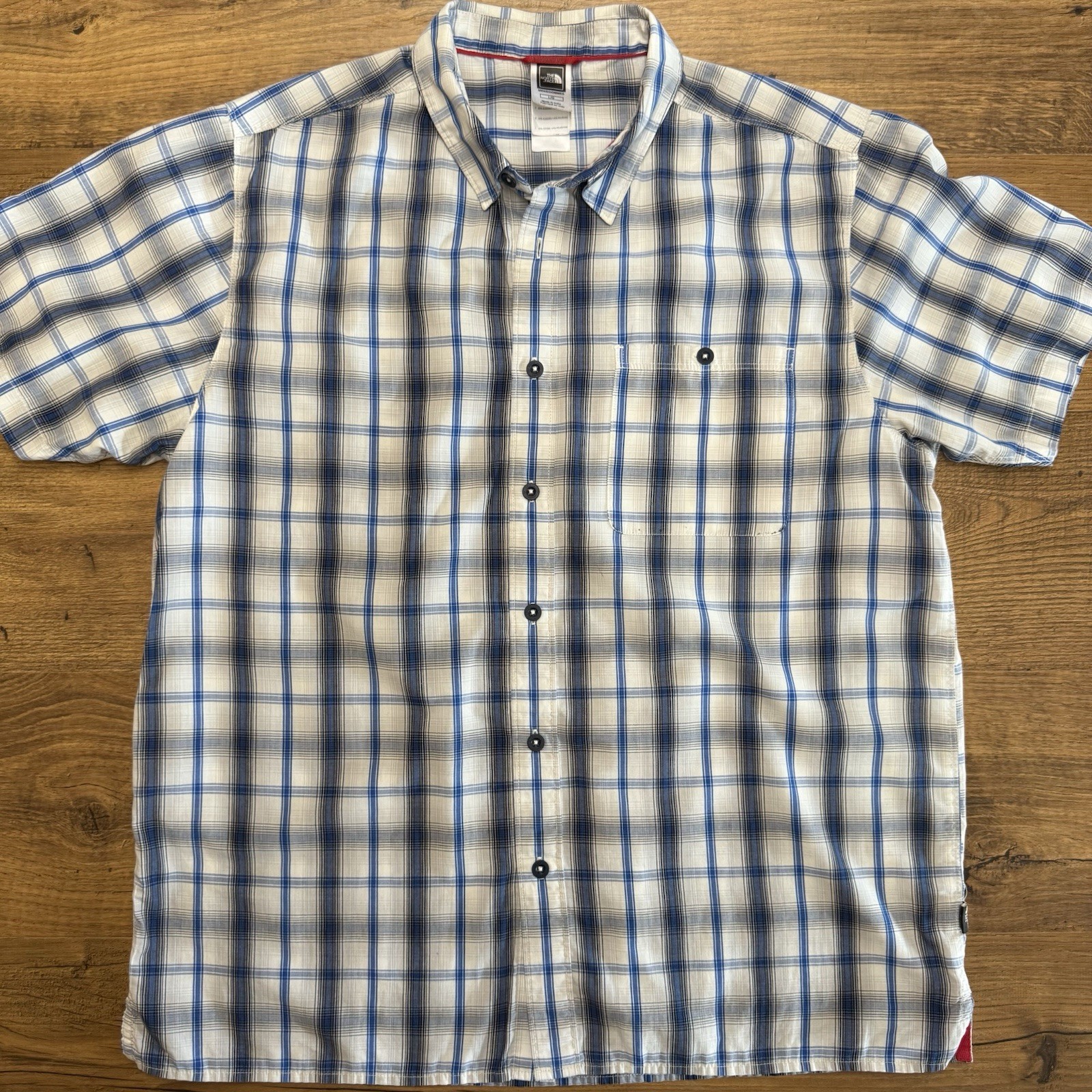 The North Face Mens Large Button Up Blue White Plaid SS Outdoor Casual READ - $12.42