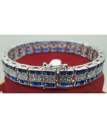 Vintage 5ct Simulated Blue Sapphire Tennis Bracelet 8&quot; White Gold Plated - $3,505.58 MXN