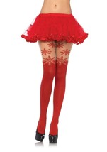 Sheer Thigh Snowflake Pantyhose Red Tights Hose Snow Queen Winter Fairy Claus - £7.82 GBP