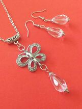 Victorian Silver butterfly Crystal set necklace earrings jewelry set Boh... - $52.00