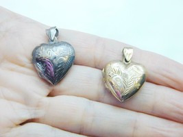 2 Vintage Hand Engraved Sterling Heart Lockets One Is Gilt Gold - £23.97 GBP