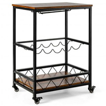 Serving Trolley Kitchen Bar Cart on Wheels with Wine Rack Glass Holder-Rustic Br - £76.11 GBP
