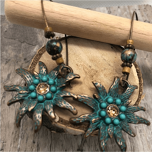 Turquoise Brass Flower Beaded Dangle Fashion Earrings NEW Southwestern Boho - £7.46 GBP