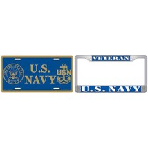 Navy License Plate U.S. Logo Blue &amp;  Veteran Chrome Auto Frame Kit - £24.49 GBP