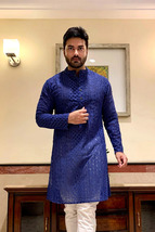 Blue Chikankari Kurta For Men Wedding Outfit Soft Cotton Kurta Style Kur... - £28.70 GBP+