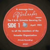 Schaefer Brewing Co ~ 1951 10&quot; 78rpm Record ~ Message By Rj Schaefer &amp; Radio Ads - £75.93 GBP