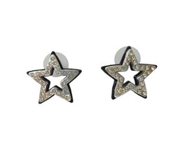 Silver &amp; Black Star Stud Earrings Rhinestone Screw Back Womens - £15.75 GBP