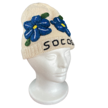 Small Vintage Hand Knit Wool Cap Hat Blue Flowers Socos Peru - $29.69
