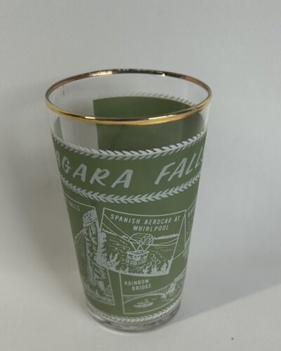Primary image for Vintage Niagara Falls Canada Green White Gold Rim Frosted Tumbler Glass 5”