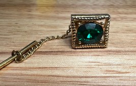 Vintage SWANK Green Faux emerald Gold Tone tie tack - $15.00