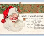 Thinking of You at Christmas Jolly Santa Holly Gold Embossed DB Postcard - $4.90