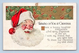 Thinking of You at Christmas Jolly Santa Holly Gold Embossed DB Postcard - £3.84 GBP