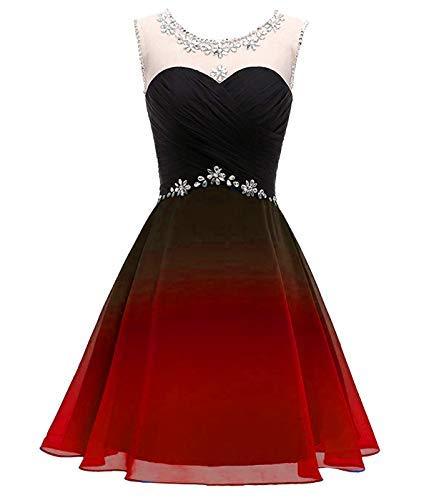 Kivary Sheer Bateau Beaded Short Ombre Chiffon Prom Homecoming Dresses Black Red