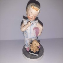 Vtg MCM Porcelain ADORABLE Little Girl In Pajamas w/Puppy &amp; Story Book 5.5&quot; READ - £15.83 GBP