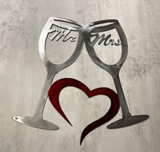 Mr & Mrs Wine Glasses Metal Art - Polished Steel and Red - 14" x 13 1/2" - $28.48