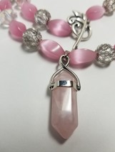 Blush Rose Quartz Necklace &amp; Earrings with Pink Cat&#39;s Eye Glass Beads - £41.39 GBP