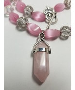 Blush Rose Quartz Necklace &amp; Earrings with Pink Cat&#39;s Eye Glass Beads - £42.00 GBP