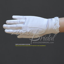 Girl&#39;s Satin Gloves with flowers across the wrist with pearl centres - $17.99