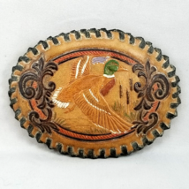 Vintage Belt Buckle Leather Flying Duck Inlay Etched Carved Western Filigree - £35.39 GBP