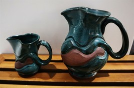 AL KNUTSON Unique 2 x Studio Pottery Pitcher Set Blue Glaze 7&quot;  - $251.75