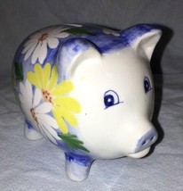 Small Cute Colorful Ceramic Piggy Bank Blue w/ Daisy Flowers 5&quot;L x 3&quot;W EUC - £12.75 GBP