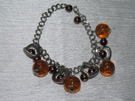 Estate Silvertone Chain Charm Bracelet w Alternating Open Hearts Amber Plastic - £8.30 GBP