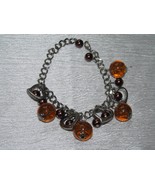 Estate Silvertone Chain Charm Bracelet w Alternating Open Hearts Amber P... - £8.16 GBP