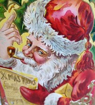 Santa Claus Christmas Postcard Smoking Pipe Reads Newspaper Happy Hours Embossed - £11.48 GBP