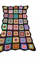Vtg Granny Square Afghan Roseanne Black Crochet 37&quot;×72&quot; Handmade Throw Blanket - £53.34 GBP