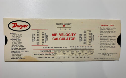 Dwyer Instruments - AIR VELOCITY CALCULATOR Slide Chart 1974 - $14.85