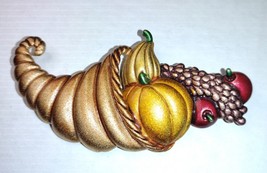 Tona Thanksgiving Autumn Fall Gold Tone Enamel Cornucopia Pumpkin Brooch... - $13.30