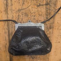 BRIGHTON Vtg Black Embossed Leather Bag Silver Kiss Lock Gothic Romantic... - $54.45