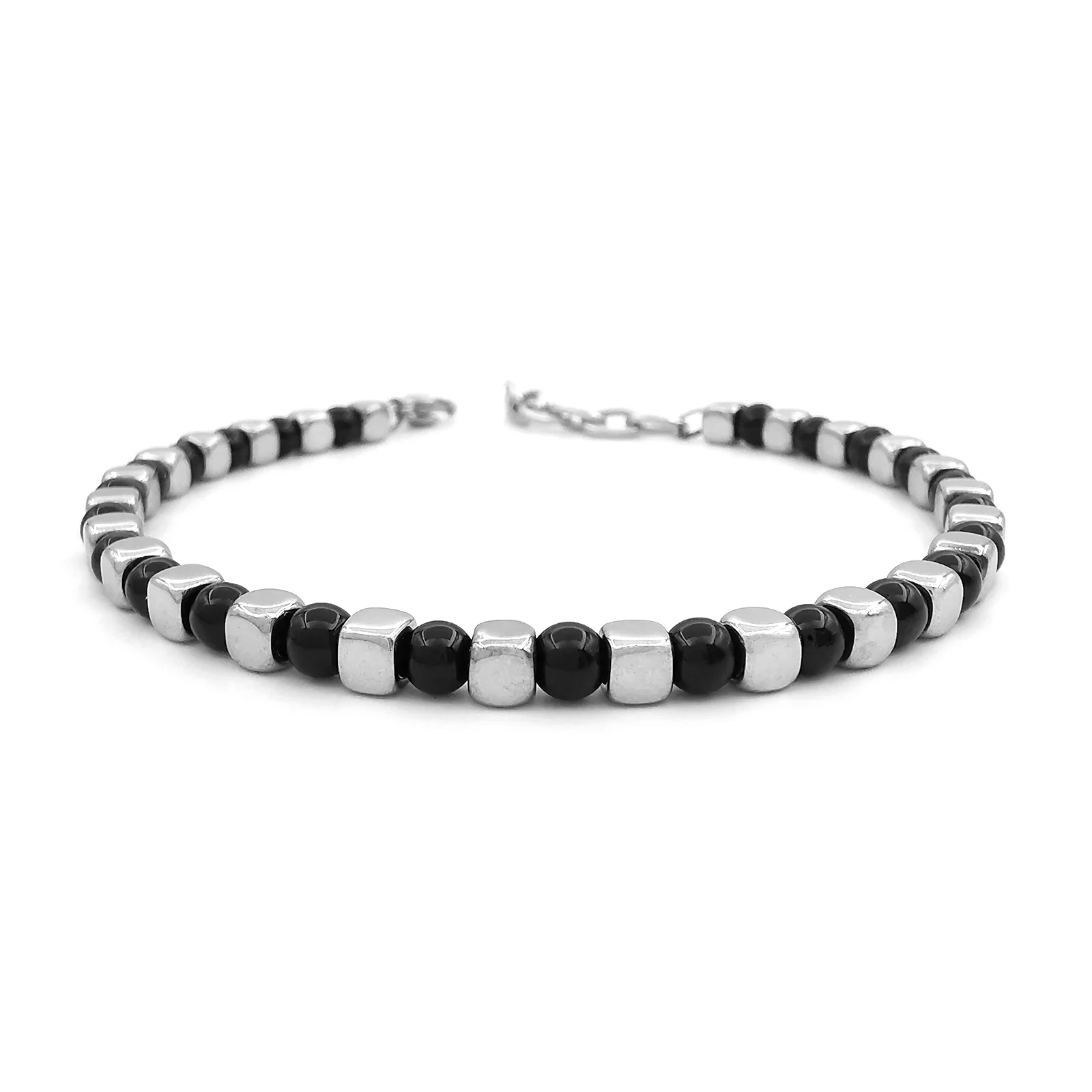 Men&#39;s Natural Stone Bracelet Obsidian 4mm with Stainless Steel Adjustable Size 2 - £26.73 GBP