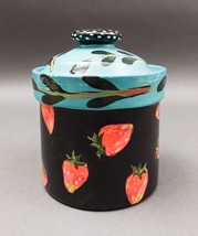 Droll Designs Hand Painted Strawberry Fruit Art Pottery Lidded Jar Canis... - $79.99