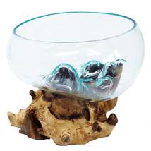 Molton Glass Open Top Large Bowl On Wooden Stand - $73.39