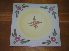 Large Pale Green Yellow Glazed Square Pottery Tile with Pink Flowers – 7... - £6.85 GBP