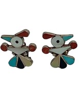 Sterling Silver Zuni Thunderbird Turquoise Coral Onyx MOP Clip On Earrings - $86.94