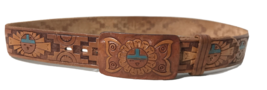 Leather Belt Southwest Tooled Native Aztec Southwest Western Style  Size 36 - £39.51 GBP