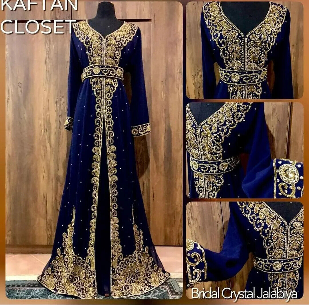 Navy Blue Abaya Farasha Dubai Moroccan Dress Kaftan Georgette Wedding - £80.44 GBP
