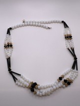 Vintage Iridescent Milk Glass Bead Multistrand Necklace Gold Black Accent 30&quot; - £23.74 GBP