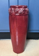 Tall Hosley Pottery Brick Red Ribbed Vase w Raised Rose Design Under Rim - $29.70