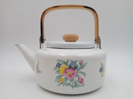 Vintage PFALTZGRAFF Tea Kettle With Wood Hand Enamel White With Flowers - £15.12 GBP